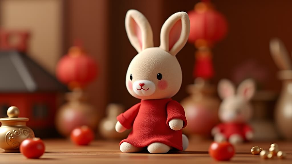  the cute little rabbit doll wears a red dress and is surrounded by traditional decorations and small objects