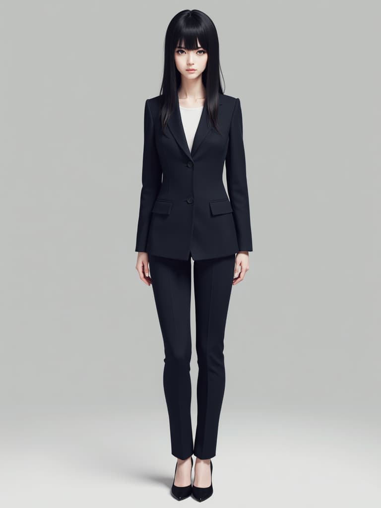  female,full figure: 1.4,long black hair,expressionless,wearing suit top and bottom,heeled pumps on feet,8k,high resolution,absurd,adopted,