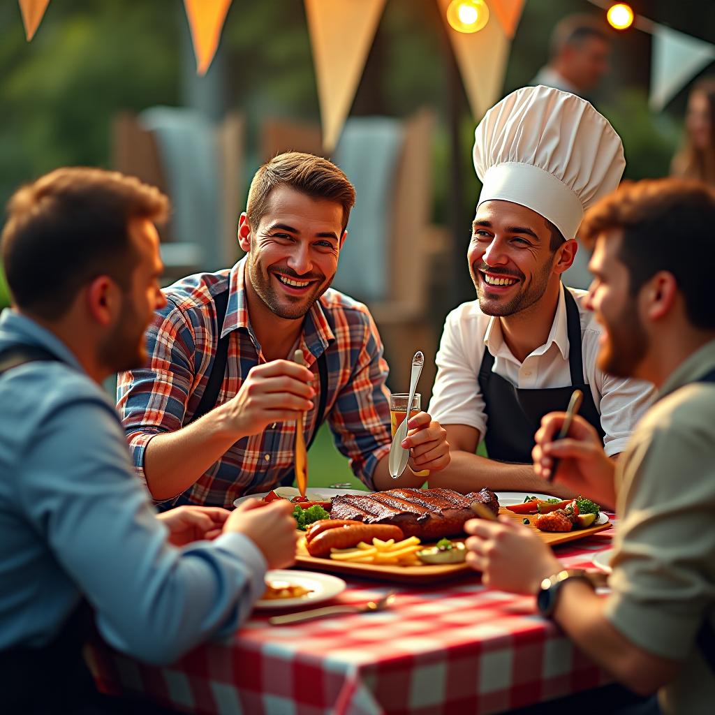  people at picnic john boys bbq, (logo), tasty, fresh, gourmet, culinary, chef hat, utensils, warm colors, elegant script, inviting, delicious