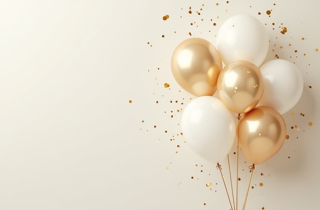  cluster of white and gold balloons with scattered confetti on soft background ar 3:2 {prompt}, maximum details