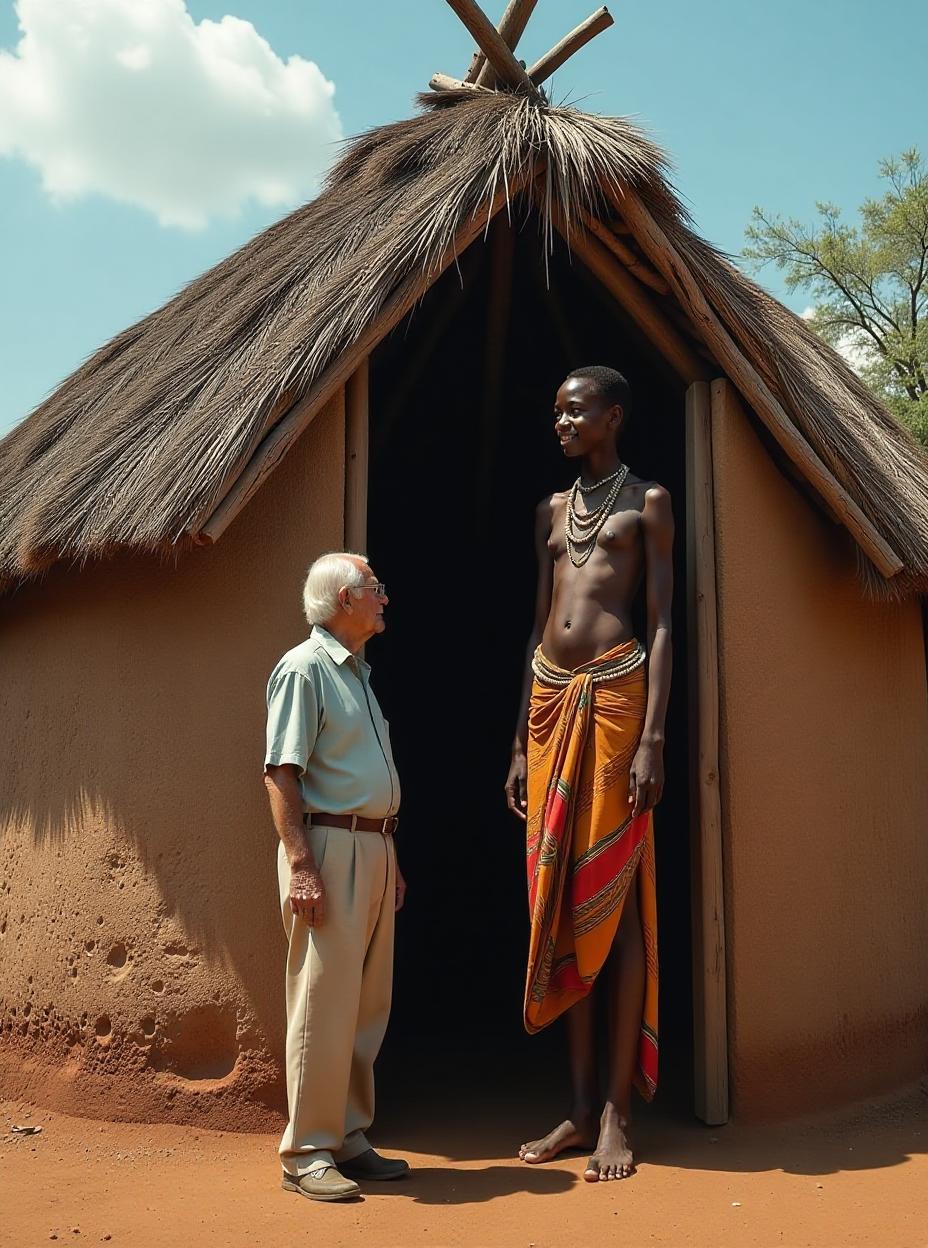  summer day in south sudan. a traditional african hut, home to members of the dinka tribe, stands tall. an elderly white television reporter stands at the entrance, dwarfed by the towering, emormous figure of a young dinka girl. the girl, incredibly tall, gigantic, gargantuan and slender, easily surpasses the height of the doorway. dressed in a traditional dinka outfit that covers only her hips, she smiles shyly, her imposing stature contrasting with the reporter's much smaller frame. the size difference between the two cultures is astonishing. the girl leans against the roof, gazing down at the reporter with a mixture of curiosity and shyness., high quality, high details, hd, perfect composition, 4k epic detailed, highly detailed, sharp foc