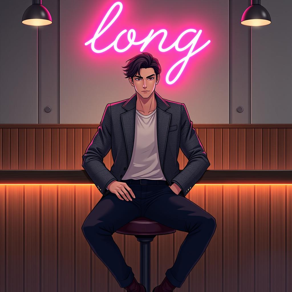  "ultra high quality, hyper detailed anime style digital illustration of a sophisticated young man in an upscale urban cafe. character: slender build with sharp, refined facial features. perfectly styled dark hair with a slight windswept look. piercing eyes with a hint of mystery. wearing a meticulously tailored gray plaid overcoat with visible texture and fabric grain. crisp white t shirt underneath. black tailored trousers and polished leather boots. his posture exudes quiet confidence as he sits on a sleek bar stool. setting: chic, minimalist cafe interior. warm wood paneling with visible grain on lower walls. smooth concrete upper walls. a statement pink neon sign reading 'long' dominates, casting a soft rosy glow. below, a row of dried  hyperrealistic, full body, detailed clothing, highly detailed, cinematic lighting, stunningly beautiful, intricate, sharp focus, f/1. 8, 85mm, (centered image composition), (professionally color graded), ((bright soft diffused light)), volumetric fog, trending on instagram, trending on tumblr, HDR 4K, 8K