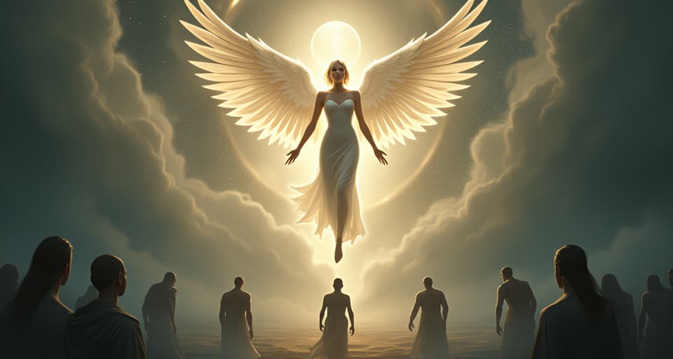  an ethereal angel surrounded by aligned celestial forces, forming an unbreakable circle. below, defeated beings acknowledge her irresistible influence.. the style is digital art illustration,highly detailed, whimsical,magical, dreamlike atmosphere, realism and fantasy blend, smooth, glossy textures,luminous quality, wonder and enchantment.