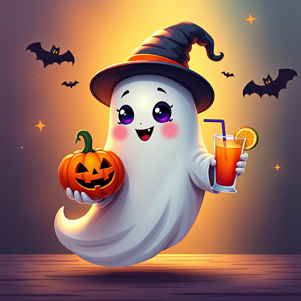  create a digital painting featuring a cute ghost character. the ghost should be wearing a hat. in one hand, the ghost should hold a pumpkin with a carved face, and in the other hand, a halloween themed drink. the background should be colorfull and include small black bats and stars to add a playful halloween touch. the overall style should be cute, whimsical, and colorful hyperrealistic, full body, detailed clothing, highly detailed, cinematic lighting, stunningly beautiful, intricate, sharp focus, f/1. 8, 85mm, (centered image composition), (professionally color graded), ((bright soft diffused light)), volumetric fog, trending on instagram, trending on tumblr, HDR 4K, 8K