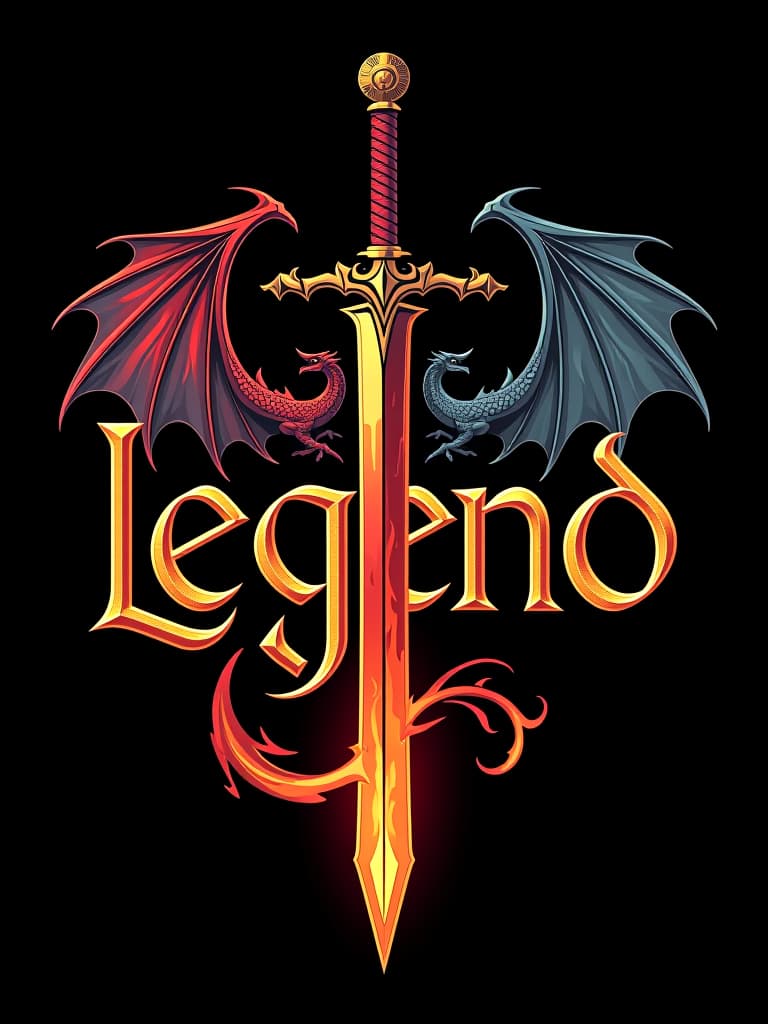  design a logo, custom sticker design on an isolated black background with the words ‘legend’ in bold font decorated by mythical dragons and a flaming sword