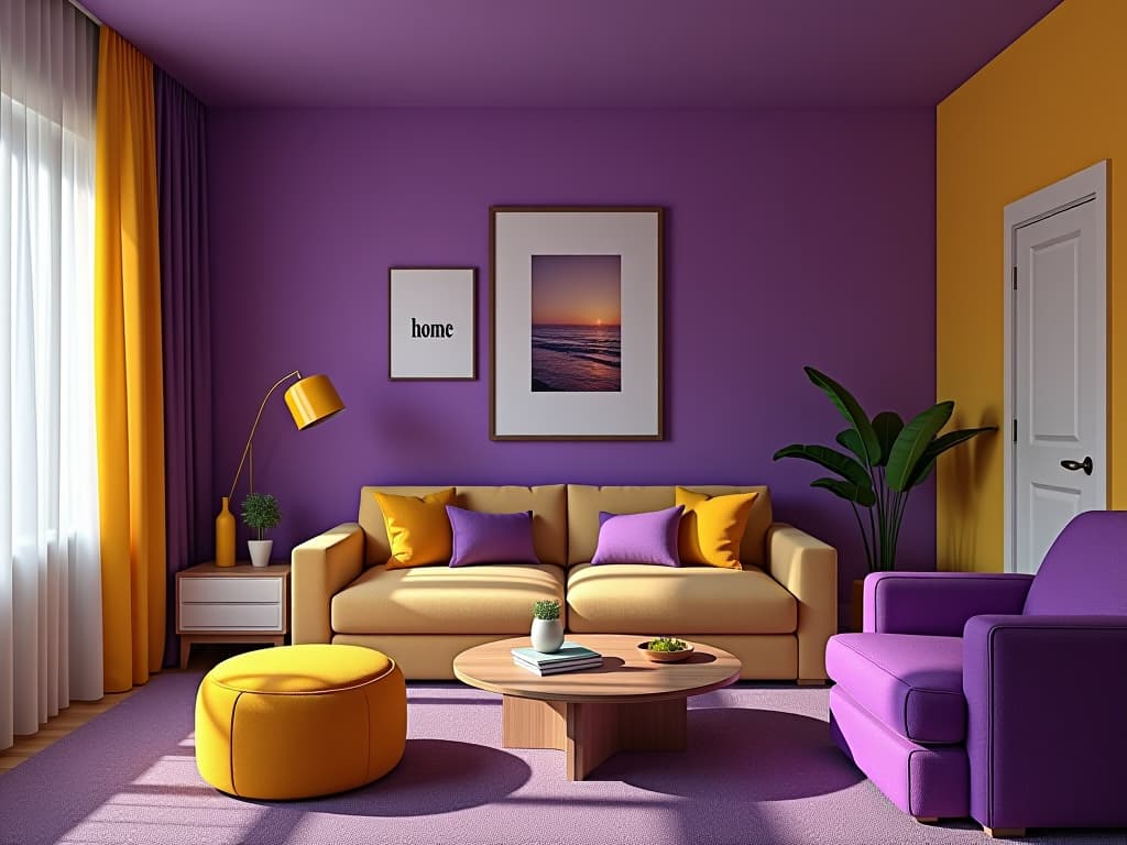  a modern room with purple and yellow decor, and a picture on the wall with the text “home” hyperrealistic, full body, detailed clothing, highly detailed, cinematic lighting, stunningly beautiful, intricate, sharp focus, f/1. 8, 85mm, (centered image composition), (professionally color graded), ((bright soft diffused light)), volumetric fog, trending on instagram, trending on tumblr, HDR 4K, 8K