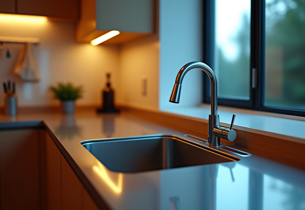  a landscape photo of a close up, angled shot of a kitchen corner showcasing a gleaming stainless steel countertop with a built in sink, reflecting ambient light hyperrealistic, full body, detailed clothing, highly detailed, cinematic lighting, stunningly beautiful, intricate, sharp focus, f/1. 8, 85mm, (centered image composition), (professionally color graded), ((bright soft diffused light)), volumetric fog, trending on instagram, trending on tumblr, HDR 4K, 8K