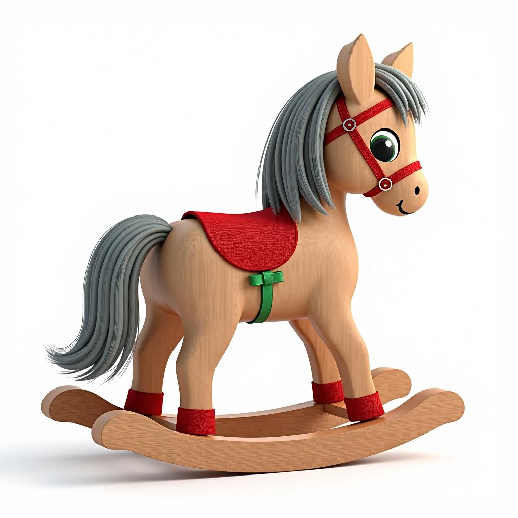  3d wooden cute rocking horse viewed from the side with long cute big round reflective eyes, long gray fur, featuring christmas elements on a white background.