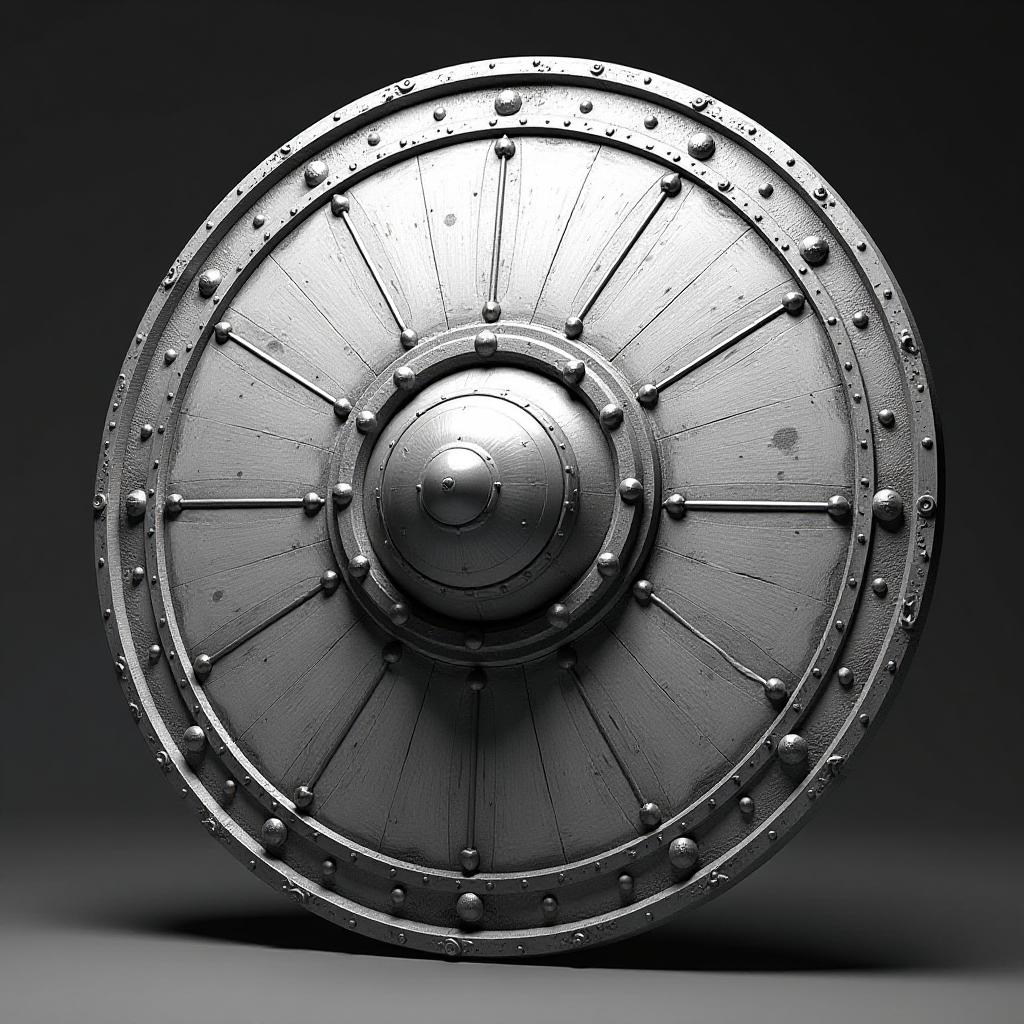  professional 3d model black and white sketches of the 3d model. (round battle shield in the middle without a pattern, convex volume in the middle), lighting, high resolution, high detail, increased attention to detail, the entire shield, in sketch style, ((on a dark background with contours)), only contours and textures are used, three dimensional shield, clear drawing details, lines, panning, clear lines, background. the white and gray tones are made in the style of a 3d model sketch . octane render, highly detailed, volumetric, dramatic lighting