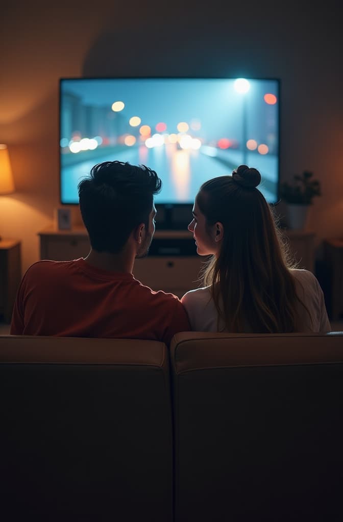  man and woman sitting on a couch watching tv hyperrealistic, full body, detailed clothing, highly detailed, cinematic lighting, stunningly beautiful, intricate, sharp focus, f/1. 8, 85mm, (centered image composition), (professionally color graded), ((bright soft diffused light)), volumetric fog, trending on instagram, trending on tumblr, HDR 4K, 8K