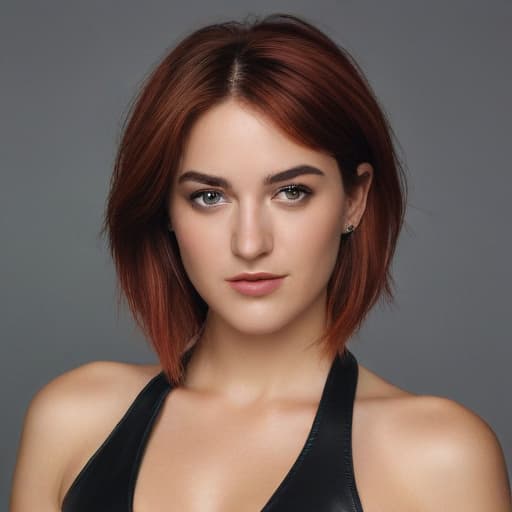 woman like Shailene Woodley, bob cut red hair, leather outfit, face to camera, looking at me, realistic
