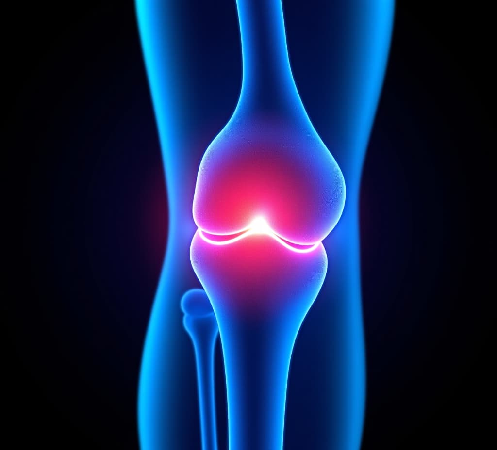  blue 3d medical x ray anatomy of the knee pain. leg joint and bone injury, arthritis patient inflammation, sport athlete broken tendon, red area, copy space