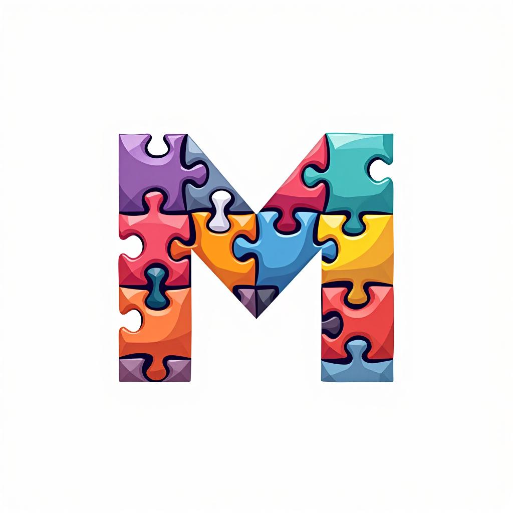  design a logo, abstract logo of letter m from colored puzzles on white background.