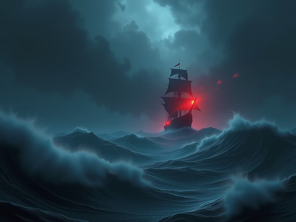  a stormy sea with a barely visible ship struggling against the waves, sense of challenge, resilience.. the style is dark fantasy and mysterious occult, symbolic, moody lighting, esoteric vibe,high detail on character design. for the color scheme emphasize blacks and reds.