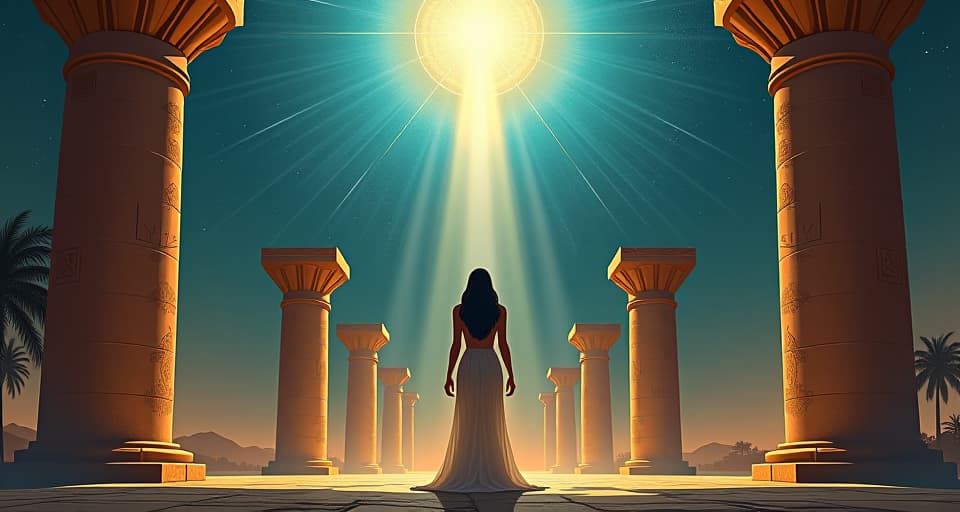  a celestial alignment above an ancient temple, beams of light descending, large busted priestess in sheer garments standing below, divine supportive atmosphere. the style is digital art illustration / modern comic book / mysterious occult, symbolic, esoteric vibe,high detail on character design, incorporating ancient egyptian symbology and attire.