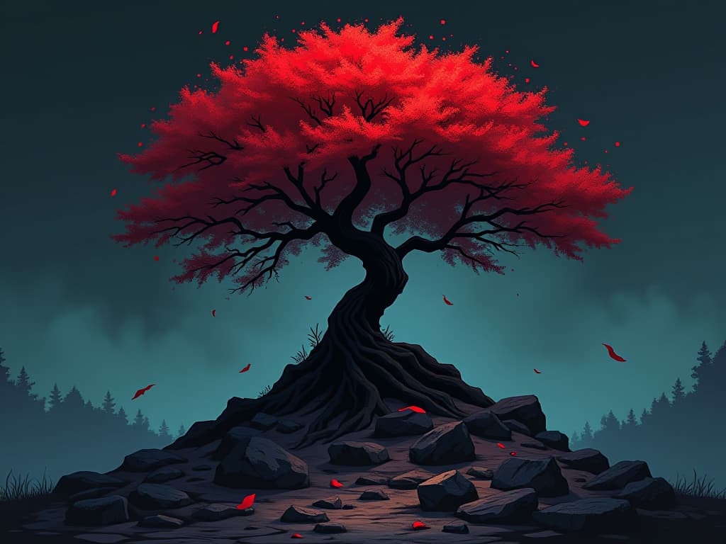  tree growing from rocky soil, red blossom, air of determined growth. the style is digital art illustration / modern comic book / graphic dark novel fantasy and mysterious occult, symbolic, moody lighting, esoteric vibe,high detail on character design. for the color scheme emphasize blacks and reds.