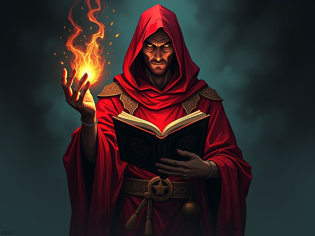  seer in red robes, holding an ancient codex, eyes glowing with wisdom, surrounded by sacred light, air of discerning choice. the style is digital art illustration / modern comic book / graphic dark novel fantasy and mysterious occult, symbolic, moody lighting, esoteric vibe,high detail on character design. for the color scheme emphasize blacks and reds.