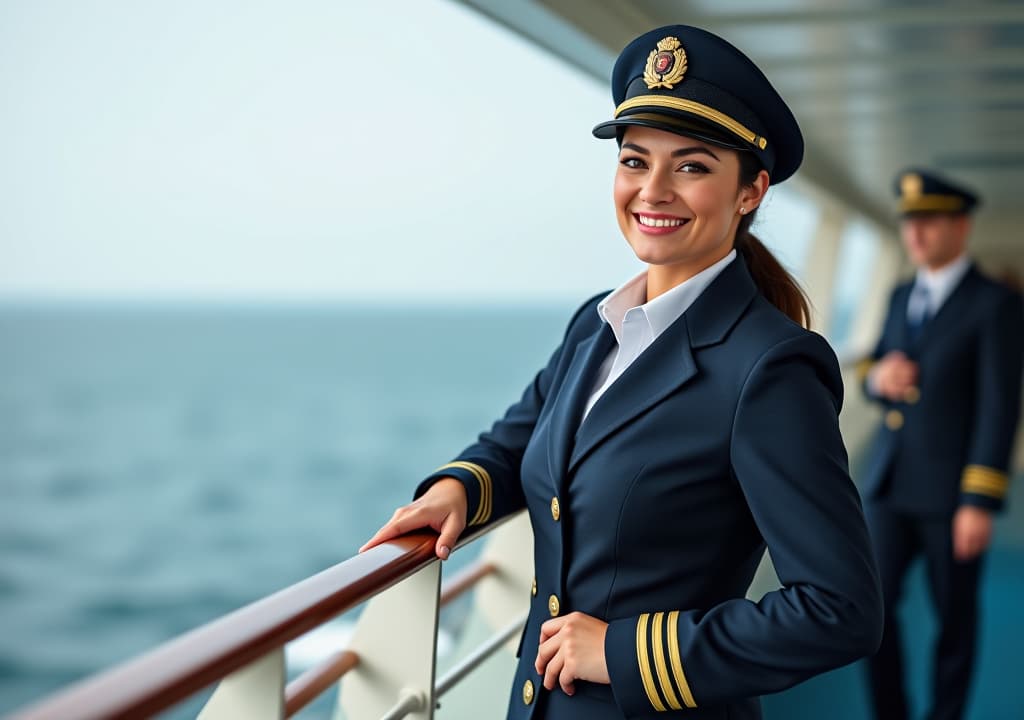  happy and proud female captain in professional uniform on a cruise liner during the sea trip. leadership in water