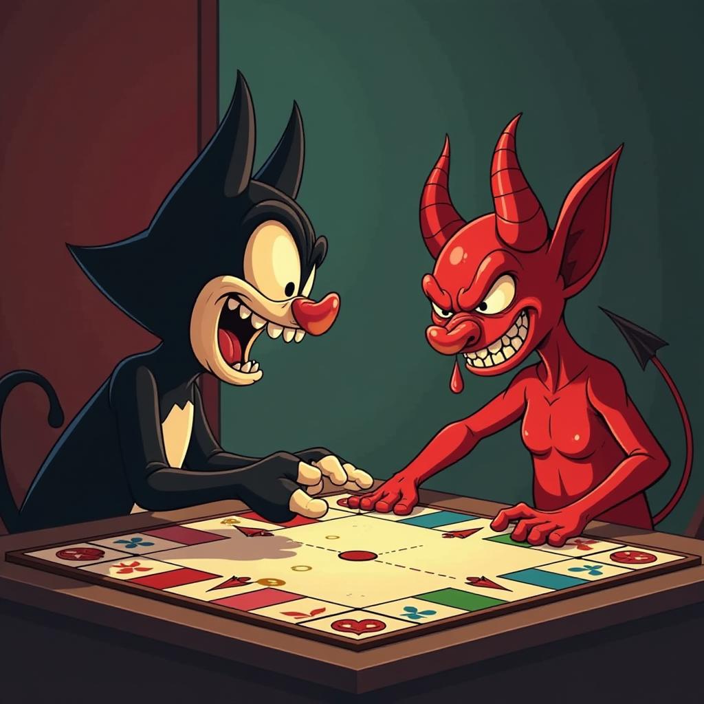  ludo game (parcheesi table game) vs devil ai old cuphead cartoon style 2d basic color palette (the devil is very evil and angry), high quality, high details, hd, perfect composition, 4k epic detailed, highly detailed, sharp focus, high resolution