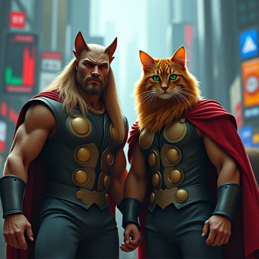  in a bustling financial district, hemule, the tabby cat, stands alongside thor, both exuding power. hemule's edgy charisma complements thor's mighty presence. their surroundings reflect a mix of crypto trading charts and market indicators, blending realism with a comic book aesthetic. hemule's green eyes gleam with determination, embodying a rebellious spirit in this vivid, ultra realistic scene. hyperrealistic, full body, detailed clothing, highly detailed, cinematic lighting, stunningly beautiful, intricate, sharp focus, f/1. 8, 85mm, (centered image composition), (professionally color graded), ((bright soft diffused light)), volumetric fog, trending on instagram, trending on tumblr, HDR 4K, 8K