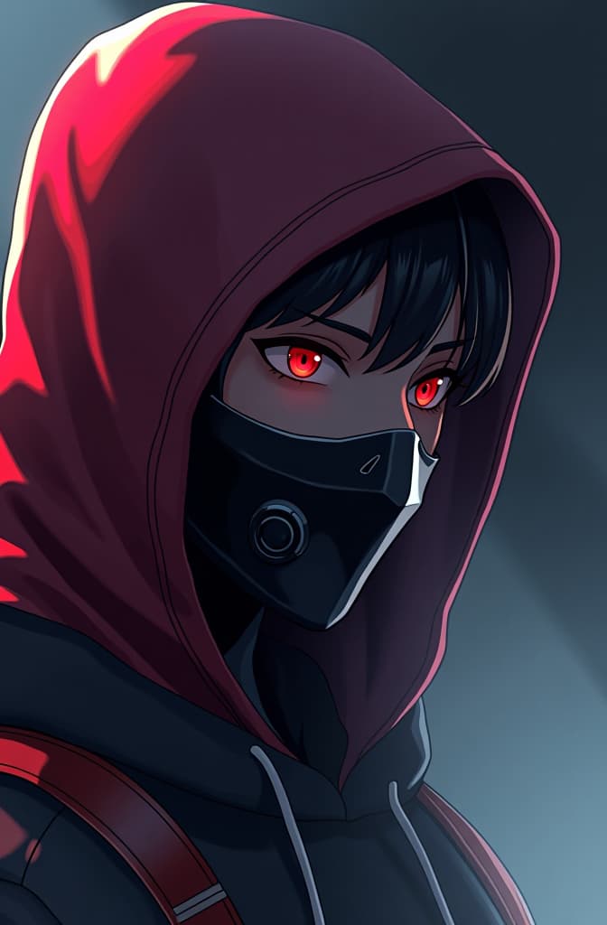  create a profile picture thay has a hoodie mask and incorporates more red in it, anime, realistic shaded perfect face, fine details. anime. realistic shaded lighting by ilya kuvshinov krenz cushart katsuhiro otomo, magali villeneuve, artgerm, rutkowski jeremy lipkin and giuseppe dangelico pino and michael garmash and rob rey hyperrealistic, full body, detailed clothing, highly detailed, cinematic lighting, stunningly beautiful, intricate, sharp focus, f/1. 8, 85mm, (centered image composition), (professionally color graded), ((bright soft diffused light)), volumetric fog, trending on instagram, trending on tumblr, HDR 4K, 8K