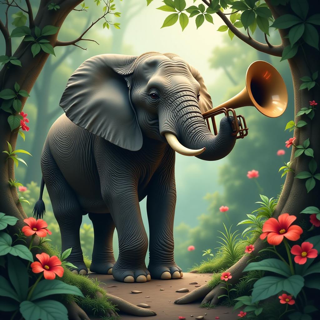  here is the short english description for stable diffusion to generate an image based on the user's request:<br /> <br /> "a large elephant named ella playing a giant trumpet in a lush, tropical forest, surrounded by enthralled animals and blooming flowers, with a scenic backdrop of vines and foliage. jpeg", (best quality, masterpiece:1.2), ultrahigh res, highly detailed, sharp focus, (perfect image composition), hdr 8k