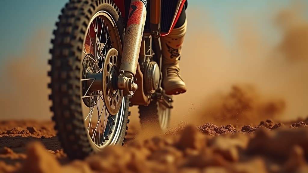  dynamic close up of a dirt bike tire spinning rapidly, kicking up dust and debris in an intense action shot.