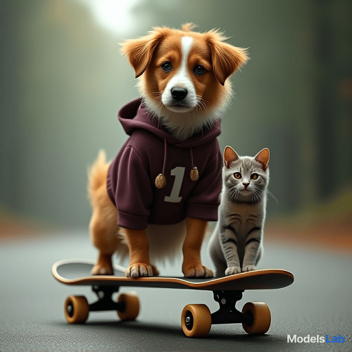  a dog with a cat on a skateboard hyperrealistic, full body, detailed clothing, highly detailed, cinematic lighting, stunningly beautiful, intricate, sharp focus, f/1. 8, 85mm, (centered image composition), (professionally color graded), ((bright soft diffused light)), volumetric fog, trending on instagram, trending on tumblr, HDR 4K, 8K