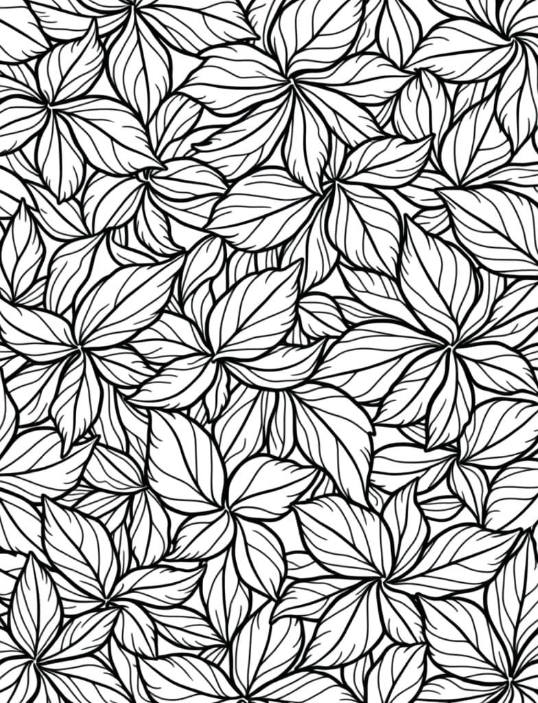  an intricate pattern of intertwined autumn leaves, black and white line art on a white background, for an adult coloring page.