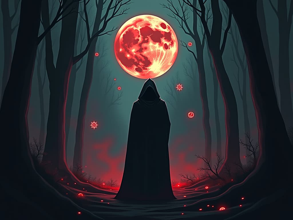  a hooded figure standing at the edge of a dark forest, glowing symbols of transformation floating around, dim moonlight casting eerie shadows. the style is dark fantasy and mysterious occult, symbolic, moody lighting, esoteric vibe,high detail on character design. for the color scheme emphasize blacks and reds.