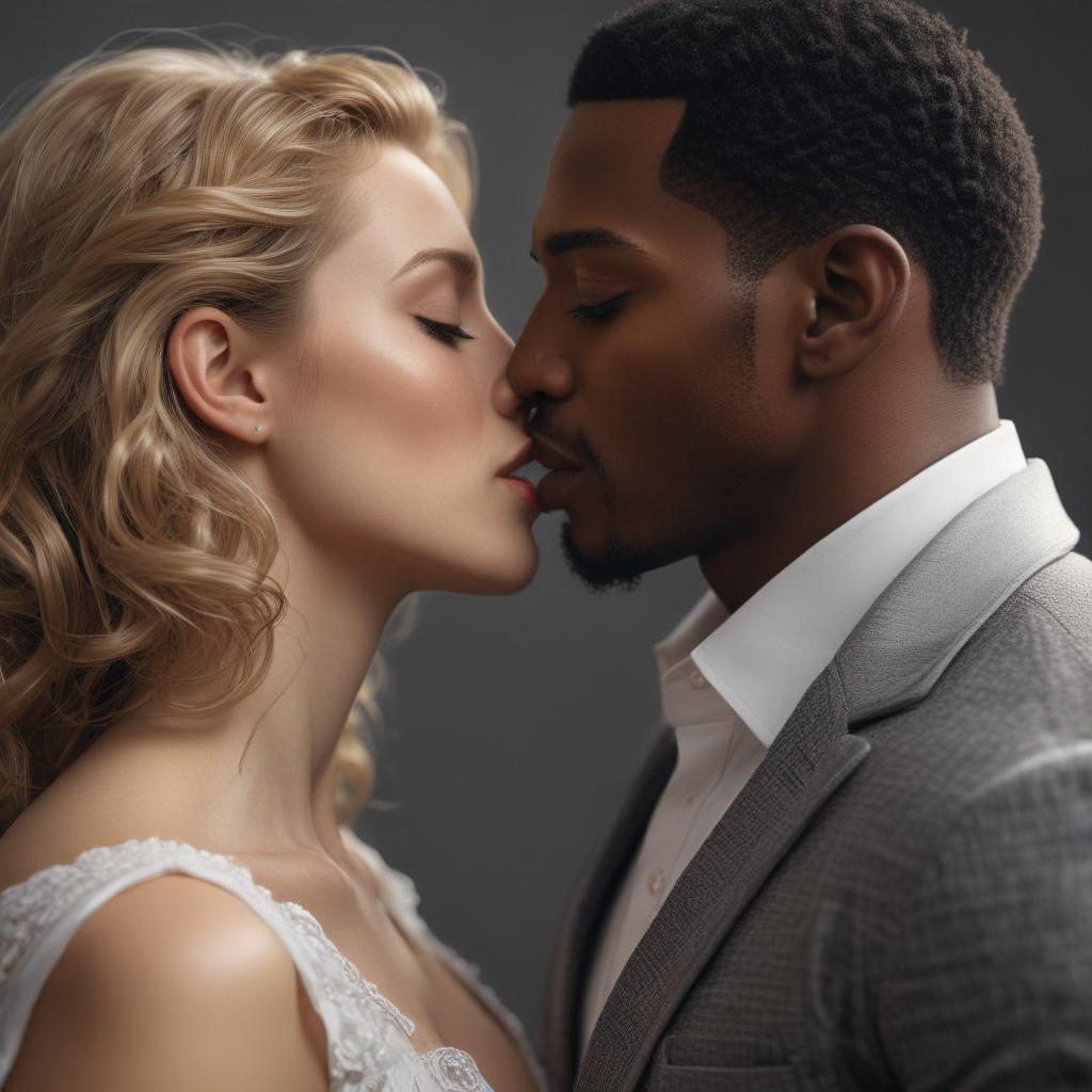 ((masterpiece)),(((best quality))), 8k, high detailed, ultra detailed, A white woman and a black man kissing, white woman, black man, love, passion hyperrealistic, full body, detailed clothing, highly detailed, cinematic lighting, stunningly beautiful, intricate, sharp focus, f/1. 8, 85mm, (centered image composition), (professionally color graded), ((bright soft diffused light)), volumetric fog, trending on instagram, trending on tumblr, HDR 4K, 8K