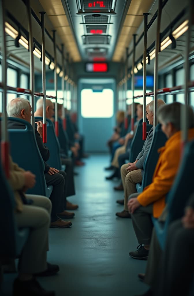  bus seating for elderly people hyperrealistic, full body, detailed clothing, highly detailed, cinematic lighting, stunningly beautiful, intricate, sharp focus, f/1. 8, 85mm, (centered image composition), (professionally color graded), ((bright soft diffused light)), volumetric fog, trending on instagram, trending on tumblr, HDR 4K, 8K