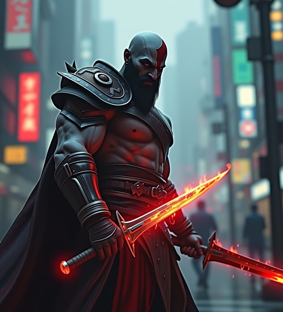  dystopian futuristic tokyo japan, raining, god of war kratos, holding burning blades of chaos, ultra high definition