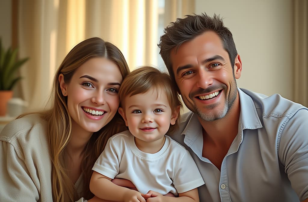  photo of a happy family with a child, they look at the camera and smile, the child's age is 3 years, the girl's age is 30 years, the man's age is 30 years ar 3:2 {prompt}, maximum details