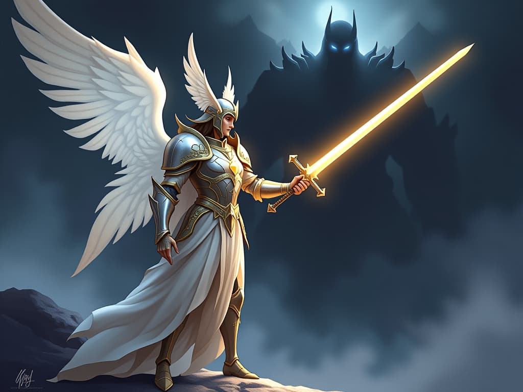  an ethereal warrior with glowing armor, sword held high, standing in defiance against a shadowy presence, aura of courage and protection. the style is digital art illustration,highly detailed, whimsical,magical, dreamlike atmosphere, realism and fantasy blend, smooth, glossy textures,luminous quality, wonder and enchantment.