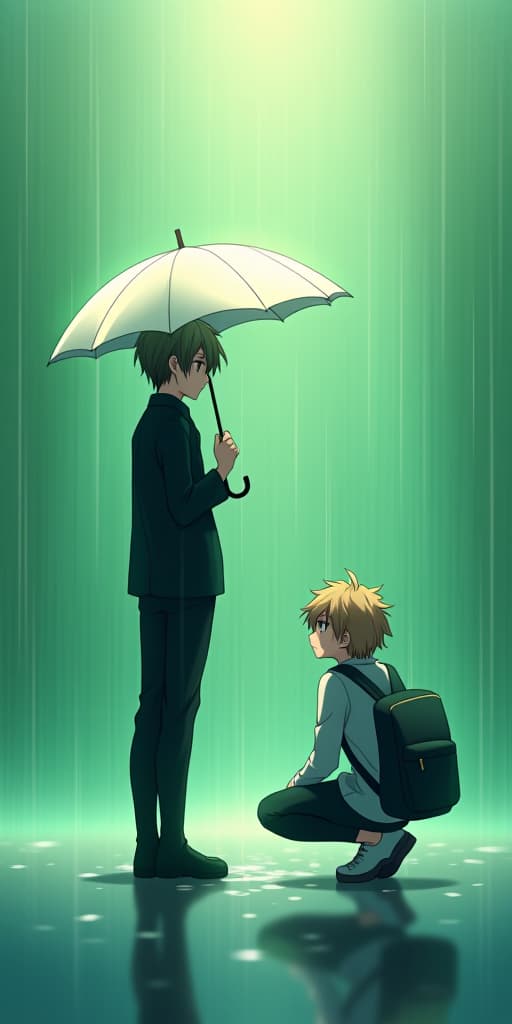  two anime characters in a serene, rainy setting. one character is standing with a white umbrella, wearing a black outfit and looking thoughtfully at the other character who is crouching with a backpack. the background features soft green hues with a slightly blurred effect, giving a dreamy atmosphere. use intricate line work, vibrant colors, and a mix of realism and anime style. add a slight magical aura around the characters to make the scene more whimsical.