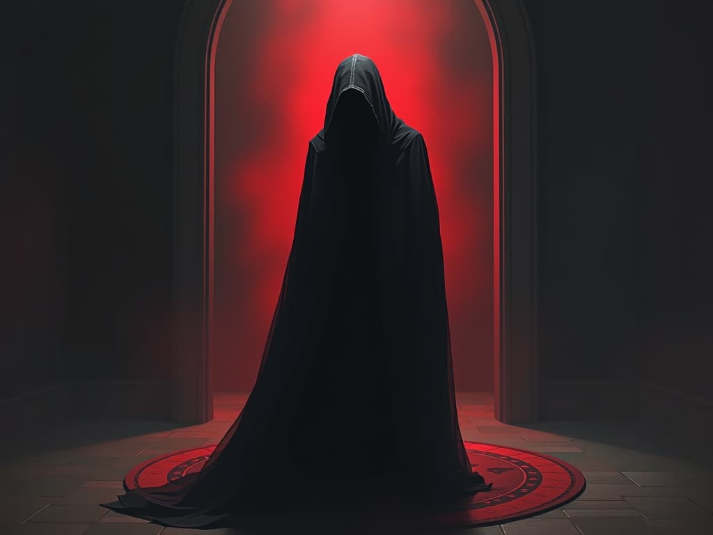  shadowy figure, cloaked in despair, eyes downcast, standing in an empty room, feeling of isolation, somber and introspective mood. the style is dark fantasy and mysterious occult, symbolic, moody lighting, esoteric vibe,high detail on character design. for the color scheme emphasize blacks and reds.