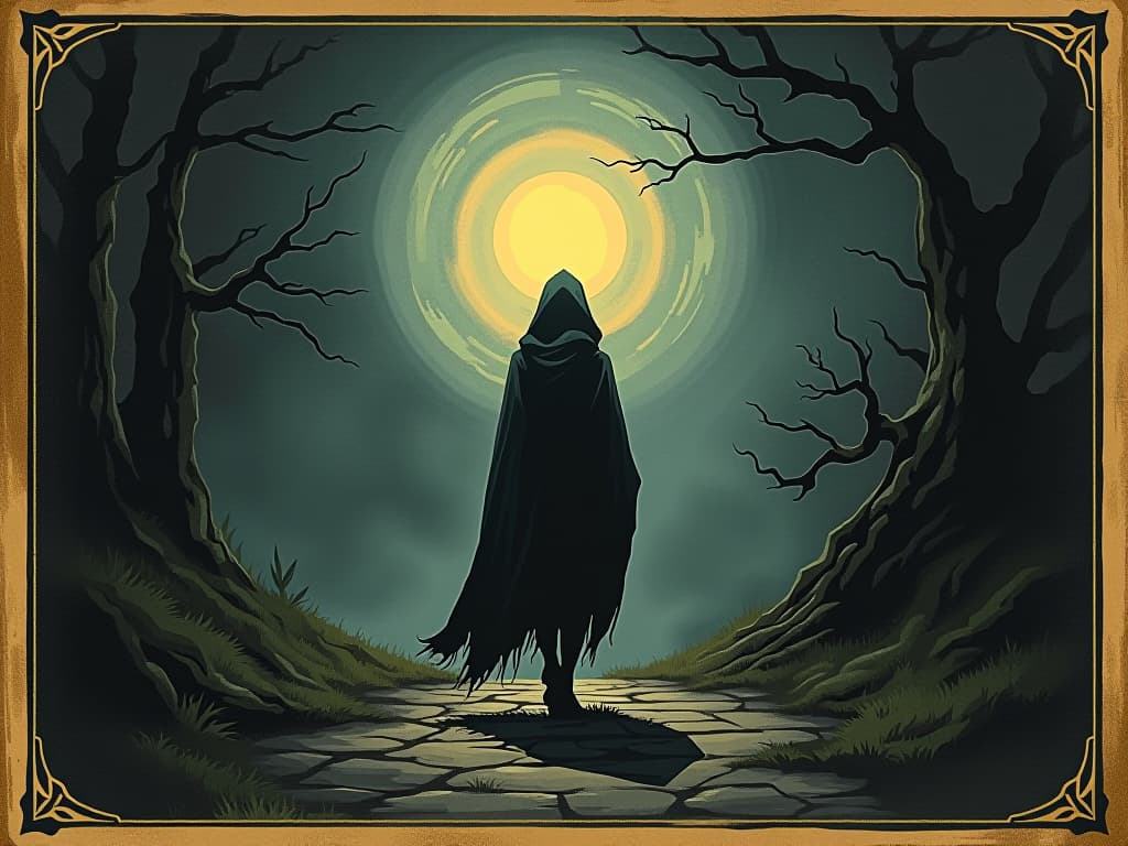  a protective aura enveloping a traveler on a dark path, ethereal light, shielding, gentle. an illustration in the style of a worn, mystical old tarot trump card, mysterious and elements of surrealism. the colors are muted, somber and eerie, but with contrast bring out an occult and esoteric vibe.