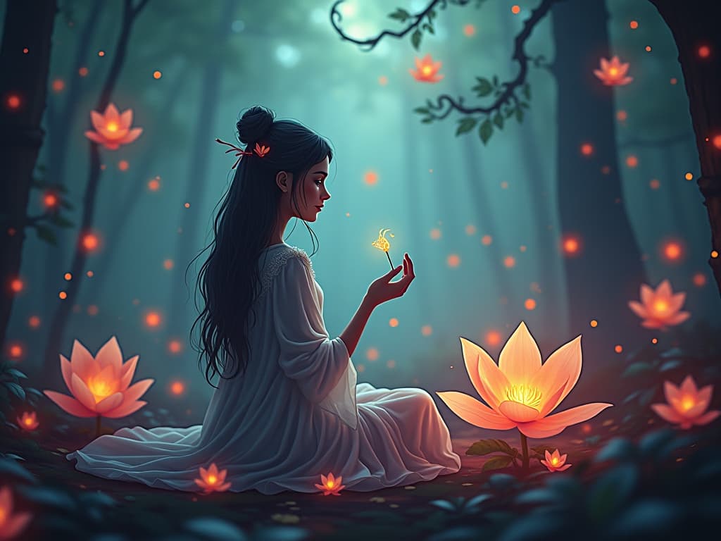  mystic in a serene forest, surrounded by glowing flowers and calming lights. ethereal spirits highlight the importance of spiritual self care.. the style is digital art illustration,highly detailed, whimsical,magical, dreamlike atmosphere, realism and fantasy blend, smooth, glossy textures,luminous quality, wonder and enchantment.