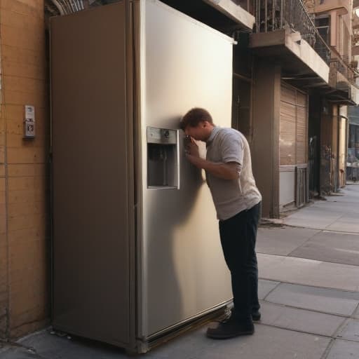 A photo of a repair technician inspecting a malfunctioning refrigerator in a bustling city street during early evening with warm, golden hour lighting.