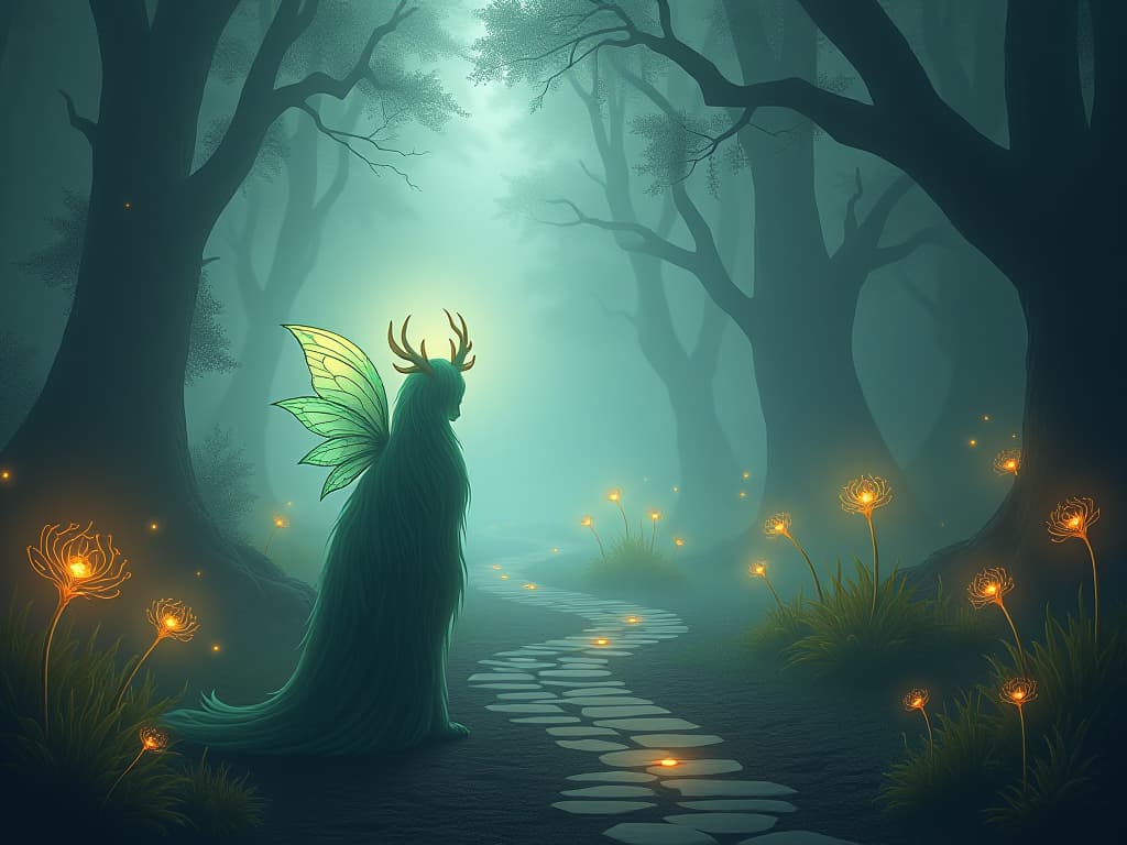  an ethereal creature standing at a crossroads in a misty, magical forest, surrounded by glowing flora. the paths are uncertain but illuminated. mystical, enigmatic, forest.. the style is digital art illustration,highly detailed, whimsical,magical, dreamlike atmosphere, realism and fantasy blend, smooth, glossy textures,luminous quality, wonder and enchantment.