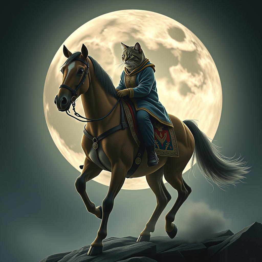  a cat riding a horse, hand drawn, on the moon, studio light, hdr 4k hyperrealistic, full body, detailed clothing, highly detailed, cinematic lighting, stunningly beautiful, intricate, sharp focus, f/1. 8, 85mm, (centered image composition), (professionally color graded), ((bright soft diffused light)), volumetric fog, trending on instagram, trending on tumblr, HDR 4K, 8K