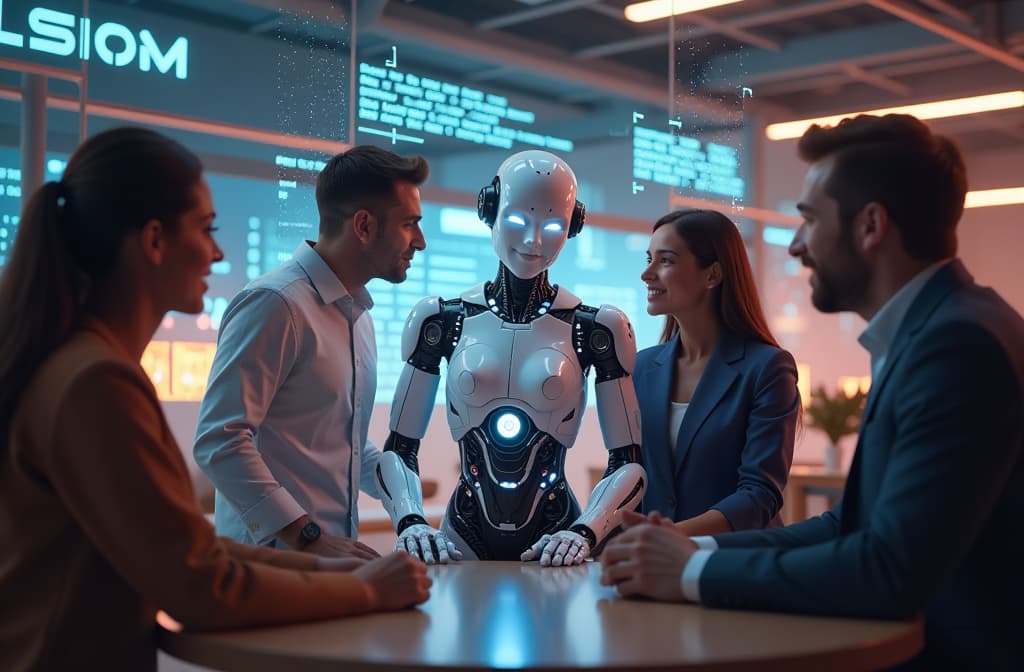  "create a futuristic digital scene featuring an intricately designed humanoid robot with glowing circuits and a friendly expression, engaging in a conversation with a diverse group of people in a vibrant, high tech environment. the background should showcase advanced holographic displays of text and data flowing around, symbolizing the exchange of information and human computer interaction. emphasize warm lighting and a sense of connection between the robot and the individuals, highlighting themes of communication and technology." hyperrealistic, full body, detailed clothing, highly detailed, cinematic lighting, stunningly beautiful, intricate, sharp focus, f/1. 8, 85mm, (centered image composition), (professionally color graded), ((bright soft diffused light)), volumetric fog, trending on instagram, trending on tumblr, HDR 4K, 8K