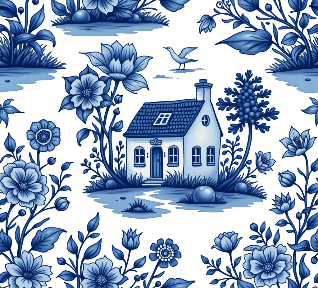  seamless pattern in dutch delft blue and white traditional handpainted with house and flowers.