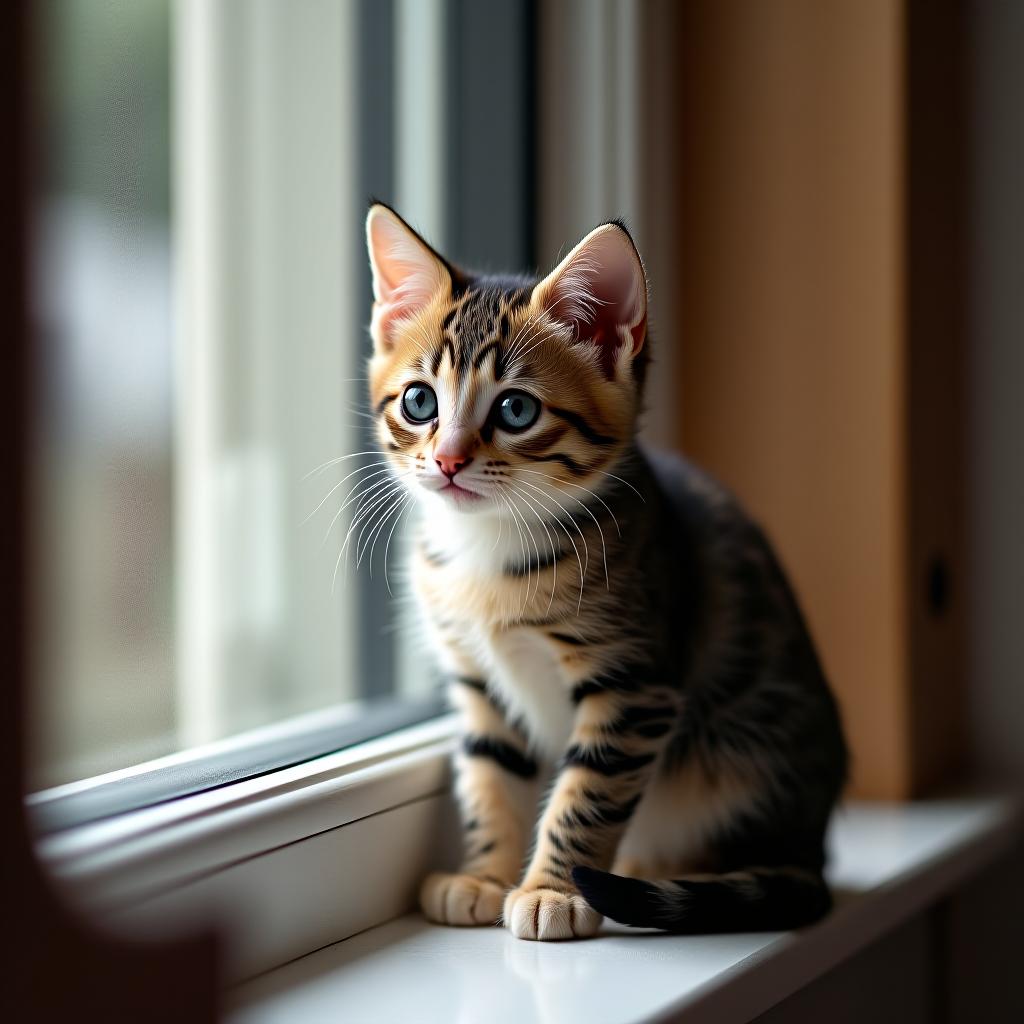  a little kitten is sitting on the windowsill.