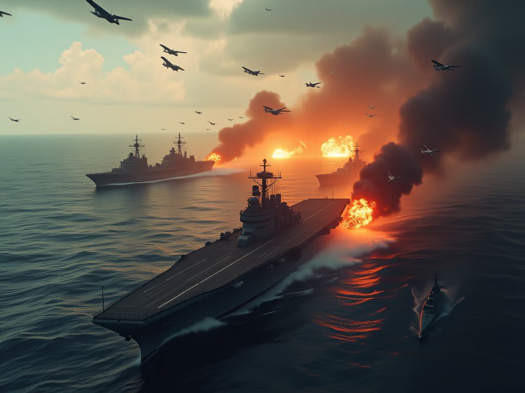  a dramatic scene depicting the battle of the philippine sea on june 19, 1944, showcasing massive u.s. aircraft carriers and japanese naval forces clashing amidst fiery explosions in the sky. the atmosphere is tense with smoke and chaos, reflecting the intensity of one of history's largest carrier battles. include naval strategies symbolized by ships and aircraft maneuvering, with a backdrop of the ocean and distant islands. hyperrealistic, full body, detailed clothing, highly detailed, cinematic lighting, stunningly beautiful, intricate, sharp focus, f/1. 8, 85mm, (centered image composition), (professionally color graded), ((bright soft diffused light)), volumetric fog, trending on instagram, trending on tumblr, HDR 4K, 8K