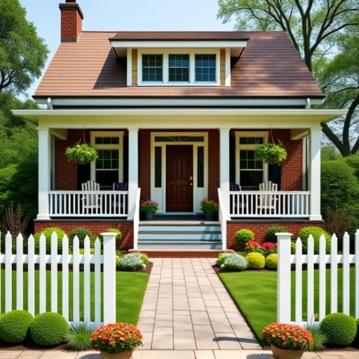  a charming, traditional home exterior featuring a classic brick facade, a well manicured lawn, colorful flower beds, and a picturesque white picket fence, with a welcoming front porch that has wooden rocking chairs and hanging plants.