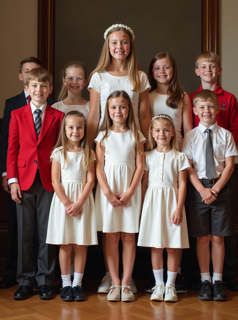  group of young second grade ren, dressed in their finest attire, gather together. they are posing for a group photo to commemorate their first communion. in the front row, the ren stand with their hands clasped and their heads bowed. behind them, a second row of ren stands, their faces beaming with excitement. among them, in the back row, a towering, toned young second grade girl stands out. she is exceptionally tall, towering over her clmates. her immense height is striking, creating a stark contrast with the smaller rs around her. in the gesture of affection, she put hands on the rs in front of her. her legs, extremely long and toned, extend far below her , daring pencil black short mini and red lou