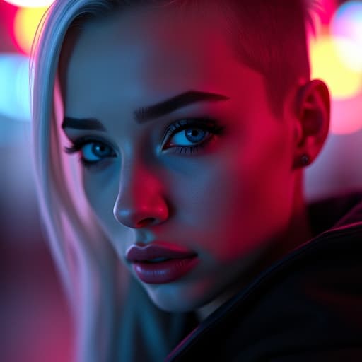  ultra realistic close up portrait ((beautiful pale cyberpunk female with heavy black eyeliner)), blue eyes, shaved side haircut, hyper detail, cinematic lighting, magic neon, dark red city, canon eos r3, nikon, f/1.4, iso 200, 1/160s, 8k, raw, unedited, symmetrical balance, in frame, 8k hyperrealistic, full body, detailed clothing, highly detailed, cinematic lighting, stunningly beautiful, intricate, sharp focus, f/1. 8, 85mm, (centered image composition), (professionally color graded), ((bright soft diffused light)), volumetric fog, trending on instagram, trending on tumblr, HDR 4K, 8K