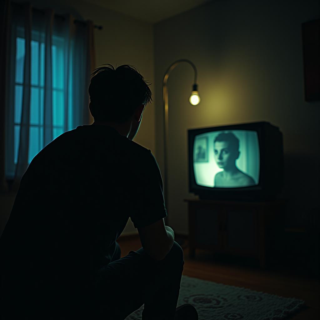  create a high quality, photorealistic image that vividly depicts the following scene: a suspenseful living room scene, dim hazy late night interior lit by a single flickering lightbulb. a lone viewer is transfixed on a glowing vintage television set, broadcasting ominous tales. viewer's wide, fearful eyes reflect the menacing shadows flickering on the wall behind, hinting at an unrevealed eerie presence. viewer's skin prickling from the chill atmosphere, embodying the icy touch from the story, contrasted against the cozy yet eerie living room setting. shot in eerie low light, high contrast, cinematic colors with nikon z6, f/1.8, iso 100, 1/80s, 8k, raw, implementing depth of field for dramatic tension, capturing the essence of terror a hyperrealistic, full body, detailed clothing, highly detailed, cinematic lighting, stunningly beautiful, intricate, sharp focus, f/1. 8, 85mm, (centered image composition), (professionally color graded), ((bright soft diffused light)), volumetric fog, trending on instagram, trending on tumblr, HDR 4K, 8K